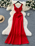 Red Satin Maxi Crystal Party Dress