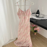 Adjustable Straps Romantic Floral Ruched Midi Dress