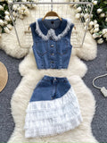 Two-Piece Denim Lace Trimmed Vest Skirt