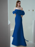 Off The Shoulder Trumpet Mermaid Blue Satin Prom Dress