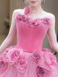 Sweet Pink Strapless Flower Tulel A Line Prom Dress