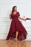 Lace Burgundy Chiffon Asymmetrical Bridesmaid Dress
