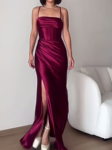 Dark Red Satin Mermaid Lace Up Party Maxi Dress