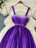 Statement Waist Tie Ombre Pleated Dress