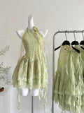 Enchanting Light Green Textured Halter Dress