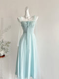 Graceful Baby Blue Mesh Sleeve Tie Front Dress
