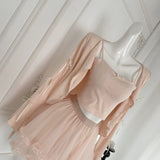 Ruffled Tulle Skirt Ribbon Sleeves Pink Three-Piece Set