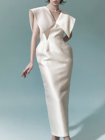 White Simple Waist Slimming Evening Dress Long Skirt
