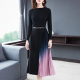 Ribbed Top Belt Sophisticated Pleated Dress