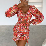 Vibrant Floral Tie-Front V-Neck Dress