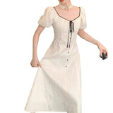 V-Neck Short-Sleeved High-Waist Mid A-Line Dress