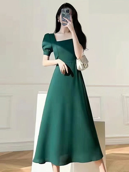 Green Square Neck Tea Length Party Dress 2XL / Black