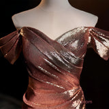 Pleat Trumpet Mermaid Coffee Sequin Prom Dress With Slit