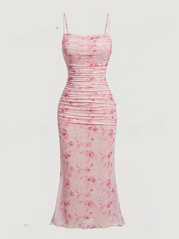 Rose Patterns Pink Midi Bodycon Dress