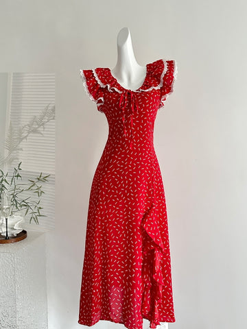 Ruffled Chiffon Asymmetric  Red Dress
