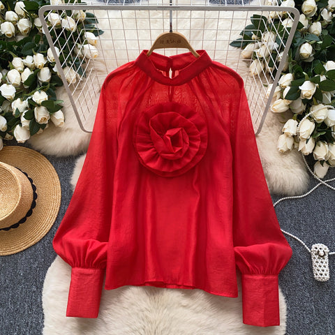 Oversized 3D Flower High Neck Red Chiffon Blouse