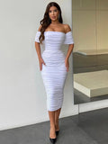 White Off-Shoulder Ruched Midi Dress