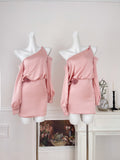 One-Shoulder Fitted Cuffs Satin Pink Dress