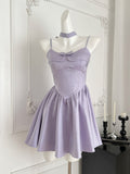 Lavender Satin Halter Neck Mini Dress with Bow
