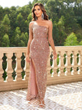 Rose Radiance Sequin Gown with Side Slit