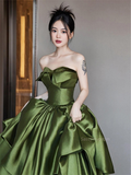 Ruffles Satin Green Off The Shoulder A Line Prom Dress