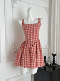 Stylish Red Checkered Sleeveless Short Dress