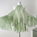 Mint Green Flowy Tiered Style Sheer Halter Dress