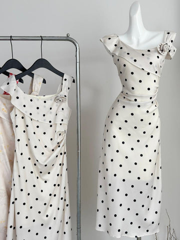 Ruffled Cream Polka Dot Asymmetric Midi Dress