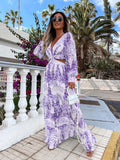 Purple Long Sleeve V-Neck Floral Print Maxi Dress