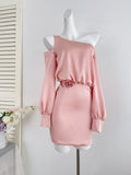 One-Shoulder Fitted Cuffs Satin Pink Dress