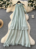 Green Sequined Top Flowing Chiffon Elegant Halter Dress