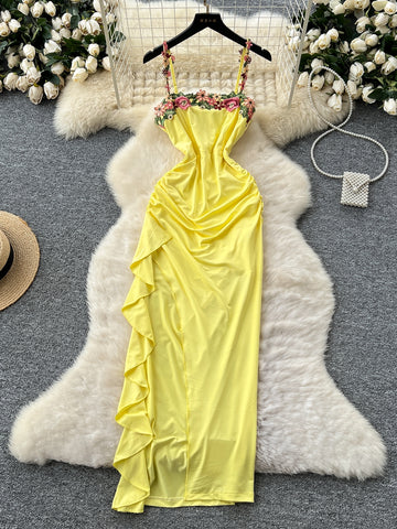 Bright Yellow Floral Sling Bodycon Maxi Dress S Bright Yellow Floral Sling Bodycon Maxi Dress S