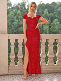 Off The Shoulder Sequin Red Party Dress With Slit