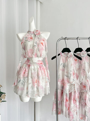 Bow-Tie Halter Neckline Ruffled Skirt Floral Mini Dress