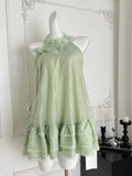 Light Green Ruffle Hem Floral Trimmed Halter Dress
