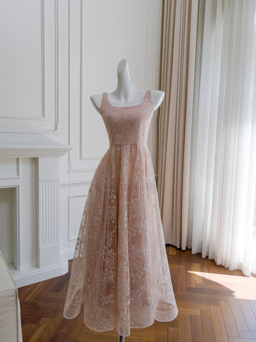 Tulle Pink A Line Square Sequin Homecoming Dress