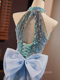 Blue Halter Beading Sequin Mermaid Prom Dress With Detachable Bow