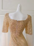 Square Beading Sequin Champagne Long Sleeve Prom Dress