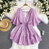 Vibrant Purple Ruffled Hem Lace Summer Dress