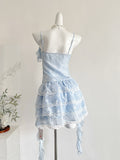 Butterfly Print Ruffled Lace Layers Light Blue Mini Dress