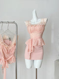 Ruffled Peplum Top Fitted Skirt Pink Outfit