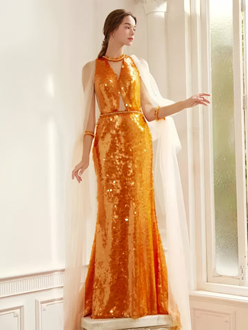 2024 Sequin Trumpet Mermaid Orange Halter Prom Dress US6 / Champagne 2024 Sequin Trumpet Mermaid Orange Halter Prom Dress US6 / Champagne