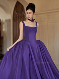 Purple Beading Ball Gown Strapls Satin Prom Dress