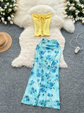 Crop Top Sunny Yellow Strapless Flowing Blue Floral Maxi Skirt