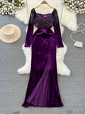 Luxurious Beaded Velvet Long Dress with Sultry Leg Slit