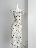 Ruffled Cream Polka Dot Asymmetric Midi Dress