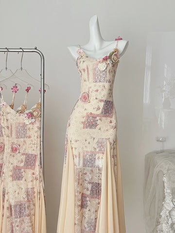 Pink Floral Print 3D Flower One Shoulder Maxi Dress
