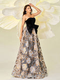 Gold Floral Embroidered Black Bow Prom Dress