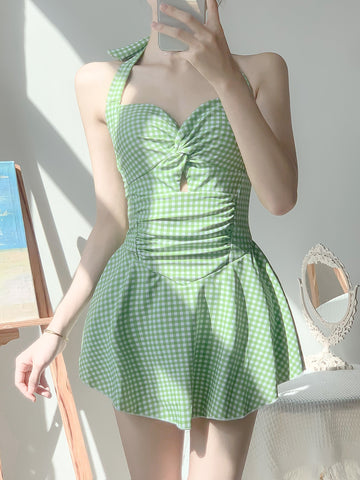 Green Plaid Halter Neck Suspender Swimsuit Dress