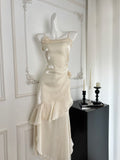 Ruched Waist Cascading Ruffles Satin Beige Dress